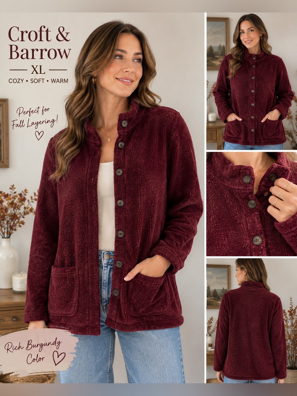 Croft & Barrow XL Burgundy Sherpa Fleece Jacket Button Front Cozy Fall